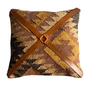 Handmade Kilim Cushion <b>Cover</b> with Leather Strap Boho Decorative <b>Throw</b> Pillow <b>Cover</b> Vintage Tribal <b>Sofa</b> Cushion - Product Image 1