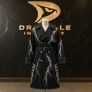 Abrigo largo de mezclilla extragrande Lightning Wash para hombre, estilo gabardina, doble botonadura, negro, streetwear, con cinturón - Product Image 1