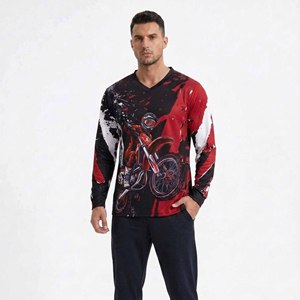 Maillot de cyclisme pour hommes, col en V, manches longues, imprimé graphique audacieux pour VTT, respirant, séchage rapide, 100% polyester - Product Image 2