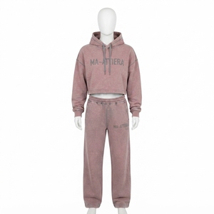 Custom Women Acid Wash <b>Pink</b> Cropped Hoodie Wide Leg Sweatpants Two Piece <b>Tracksuit</b> OEM Wholesale - Product Image 3