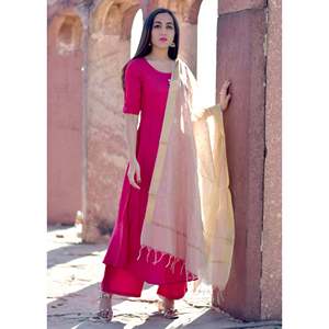 Conjunto de Traje Casual Reversible de Verano para Mujer, Estilo Indio Exclusivo, de Alta Calidad, Color Rosa Intenso, de Rayón, Manga Media, Marca Style De Maison - Product Image 4
