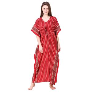 Robe Kaftan Vintage 100% Coton Rayée Rouge Coupe Trapèze Longueur Genou Col en V Imprimée Décontractée pour l'Été - Product Image 1