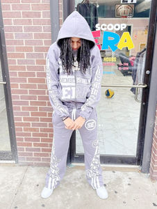 Ensemble de survêtement à capuche Scoop Era gris, pantalon et sweat-shirt longs, imprimé lettres, coupe décontractée, unisexe adulte, pour l'automne - Product Image 5