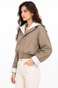 Premium Unisex Solid Canvas <b>Summer</b> Cropped Hooded Bomber <b>Jacket</b> Casual Zip <b>Lightweight</b> Cotton Blend Outerwear Modern - Product Image 2