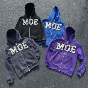 Sweat à capuche zippé en molleton bouclette français, effet délavé et vieilli, avec broderie de patch logo effet spray arc-en-ciel personnalisé, fournisseur OEM - Product Image 5