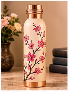 Botella de Agua de Cobre Hecha a Mano con Patrón Floral Mediterráneo Azul, Frasco Metálico Portátil con Tapa - Product Image 5