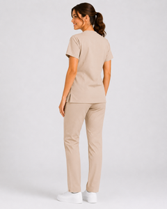 Conjunto de uniforme médico para mujer, color beige, cuello en V, tela de algodón y poliéster, pantalones elásticos, conjunto de blusa y pantalón para trabajo médico. - Product Image 5