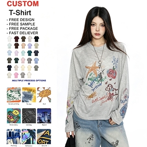T-shirt en coton tricoté à manches longues et col rond gris pour femme, broderie dessinée à la main, coupe décontractée, toutes saisons - Product Image 4