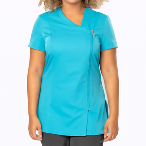 Women's Red Breathable Polyester Short Sleeve V-Neck Scrub Top with Zip Front and Custom Logo Embroidery Tunic - Product Image 5