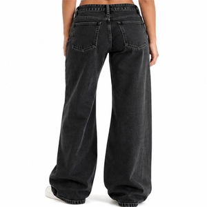 Jean en denim respirant taille haute pour femme, brodé, délavé, style vintage, coupe décontractée ample, longueur intégrale, couleur unie, en coton - Product Image 2