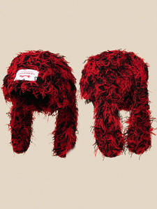 <b>Red</b> Black Faux Fur Trapper Hat Ear Flap Winter Cap Shaggy Furry Outdoor Headwear - Product Image 4