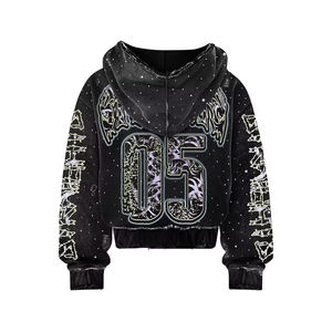 Sudadera con capucha 100% algodón con cremallera de un cuarto, efecto vintage deslavado al ácido y desgastado por el sol, con logotipo personalizado y pedrería, 360 g/m², conjunto de sudadera con capucha - Product Image 5