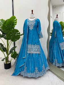 ชุดเลเฮนกาปักลายสีน้ำเงินแบบอานาร์กาลี ชุดเดรสผู้หญิงอินเดียปากีสถานแบบดั้งเดิมสำหรับงานแต่งงานและงานปาร์ตี้ - Product Image 3