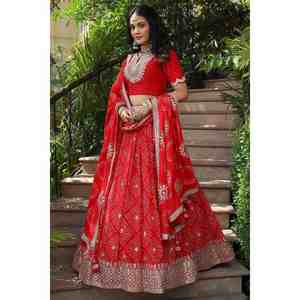 FANCY MUSLIN BORDADO IMPRESIÓN DIGITAL TRABAJO LEHENGA CHOLI CON DUPATTA ROJO - Product Image 1