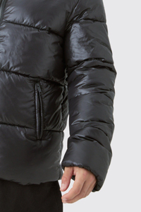 Men's Puffer Jacket Winter Casual Windproof Thick PU Coat Black Regular Fit <b>Covered</b> <b>Button</b> Closure Solid Color Patchwork High - Product Image 4