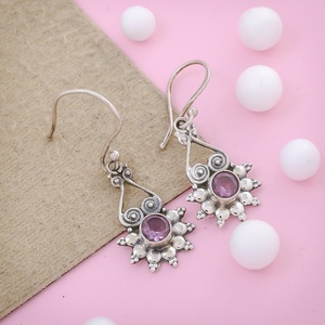 Natural Amethyst Gemstone Sun design Dangle <b>Earring</b> 925 Sterling <b>Silver</b> <b>Drop</b> Handmade Geometric <b>Earrings</b> - Product Image 4