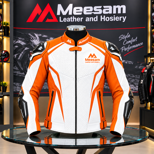 Chaqueta de Motociclismo de Cuero con Bloques de Color Blanco y Negro, Manga Larga, Logotipo de Canguro en la Parte Delantera, Ropa para Motociclistas - Product Image 3
