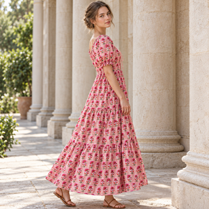 Vestido escalonado con estampado floral rosa para mujer, con mangas cortas abullonadas y cuello redondo - Product Image 3