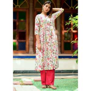 Ensemble de kurta décontracté rose à fleurs avec manches trois-quarts, taille XS - Product Image 3