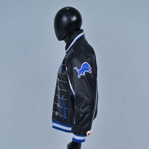 Vestes universitaires en cuir véritable Detroit Lions Football Field pour hommes, noires et bleues, zippées, brodées, doublées en polaire, vêtements décontractés d'hiver - Product Image 5