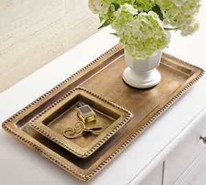 Rough Nickel Modern Floral Design Rectangular Aluminium Decorative Serving <b>Tray</b> Beaded Edge for Home Decor Wedding Occasions - Product Image 1