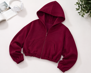 Women's Oversized Hooded <b>Zip</b>-<b>Up</b> <b>Cropped</b> Sweatshirt Solid Color Fleece Drop-Shoulder Full Sleeve Autumn Wear - Product Image 5