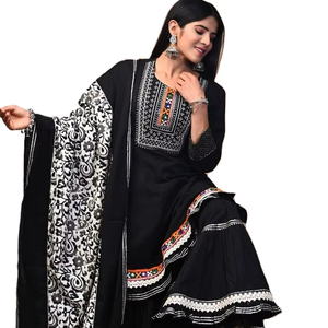 Robe Anarkali Kurta / Kurti Garara pour femme, en coton pakistanais, anti-humidité, protection solaire, longueur genou, pour mariage et fête - Product Image 1