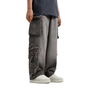 Men's Cargo Denim Pants Loose Fit Stonewashed Ripped Distressed Solid Color Streetwear Style Mid Waist Cotton Autumn Wear - Product Image 2