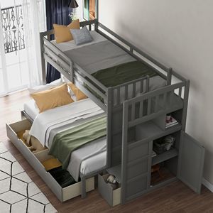 Lit superposé convertible gris avec étagères de rangement et tiroirs, lit superposé pour enfants avec lit double/grand lit - Product Image 3