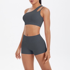 Asymmetric One-Shoulder <b>Crop</b> <b>Top</b> High Waist Shorts 2 Piece Yoga Set Seamless Solid Color Activewear - Product Image 1