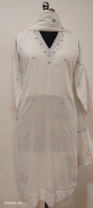 White Cotton <b>Kurti</b> With Embroidered V-Neck And Star Motifs Loose Fit Ankle-Length Traditional Women's Casual Wear India Style - Product Image 3