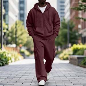 Conjunto deportivo de 2 piezas para hombre con logotipo personalizado, sudadera con capucha y cremallera y pantalones deportivos cargo de pierna ancha, estilo holgado, 100% algodón, 380 GSM - Product Image 6