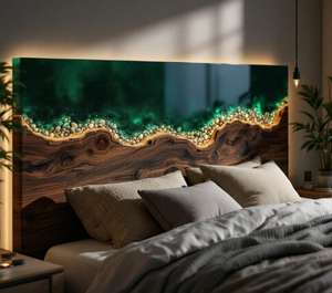 Tête de lit en résine époxy personnalisée avec incrustation de résine, panneau arrière de lit en dalle de bois naturel - Product Image 4