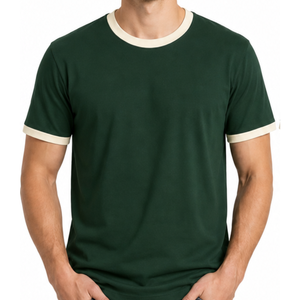 T-shirt Ringer Homme Très Demandé Bicolore Vert Forêt avec Bordure Contrastante Manches Courtes Coupe Slim Décontracté Uni - Product Image 2