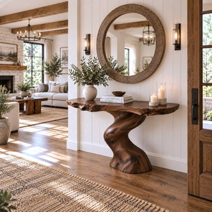 Table console en bois massif à bord naturel, artisanale, rustique, pour entrée, table d'appoint murale - Product Image 4