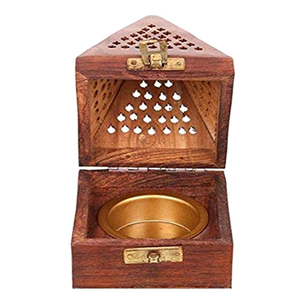 Luxury Handmade Wooden Pyramid Bakhoor Burner Box | Arabic <b>Oud</b> Incense Burner with Brass Cup | Wooden Incense Holder for Home - Product Image 1