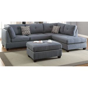 Divano Sezionale Reversibile in Polifibra Blu-Grigio a 3 Pezzi con Chaise Longue e Pouf, Cuscini Inclusi per Soggiorno - Product Image 4