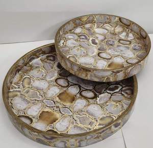Premium Solid Walnut Wood <b>Round</b> Ottoman Serving <b>Tray</b> Handles Modern Design Multi-piece Gift Set Dining <b>Table</b> - Product Image 2
