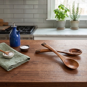 Utensilios de Cocina de Madera de Suar de Grado Alimenticio con Incrustaciones de Cáscara de Coco Oscura, Color Marrón Claro, Hermosos Utensilios para Servir y Cocinar - Product Image 4