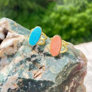 Premium handmade natural sugar druzy agate <b>ring</b> sky blue oval gemstone 18k gold plated brass <b>adjustable</b> jewelry gifts for women - Product Image 5