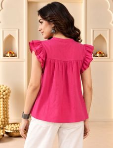 Chemisier rose en coton pour femme avec manches volantées, col en V, broderie, coupe décontractée, idéal printemps-été - Product Image 2