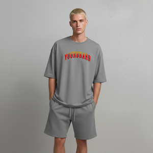 Wholesale 100% Cotton 2-Piece <b>set</b> for Men's Streetwear Custom 3D puff printed logo Solid color comfortable man short <b>set</b> - Product Image 1