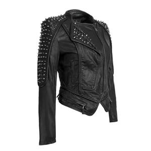 Women's PU <b>Leather</b> Moto Jacket With Shoulder <b>Rivets</b> Zipper Closure Spread Collar Full Sleeve Autumn Style - Product Image 4