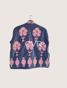 Veste en velours brodée florale à col mandarin pour femmes grandes tailles, manches longues, style chinois, fermeture éclair, vêtement d'extérieur décontracté pour l'automne - Product Image 2