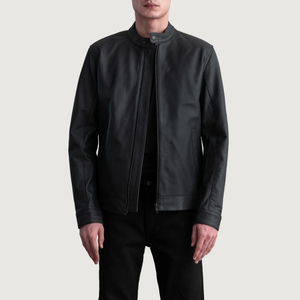 Veste en cuir PU noir pour homme, col montant, fermeture éclair, style motard, coupe ajustée, pour l'automne - Product Image 1