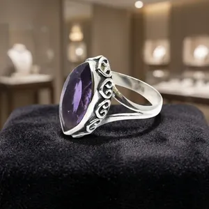 925 Sterling Silver Amethyst Ring Marquise Cut Bezel Setting Vintage Gemstone Jewelry Unisex Everyday Wear - Product Image 5