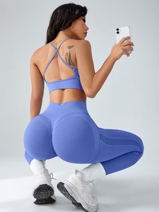 Womens Seamless Activewear 2 Piece <b>Set</b> Strappy <b>Cami</b> Bra and Geometric Lattice Knit Leggings Tight Sport Yoga Suit Tracksuit - Product Image 6