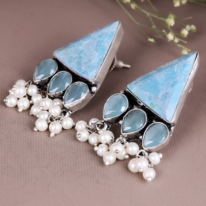 Oxidized <b>Silver</b> Brass Bezel Setting Bohemian Ethnic Flower Onyx <b>Dangle</b> <b>Earrings</b> with Pearl Drops Women Engagement From Rajasthan - Product Image 4