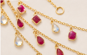 <b>Ruby</b> and Rainbow Moonstone Triple-Layer <b>Necklace</b> in Solid 18K Yellow Gold Bezel Set Pear and Round Gemstone Cascading Chain - Product Image 5