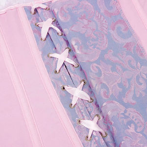 Corsé de mujer con hombros descubiertos, volantes de encaje y lazo en tela estampada morada y azul, diseño moldeador firme para adultos - Product Image 6
